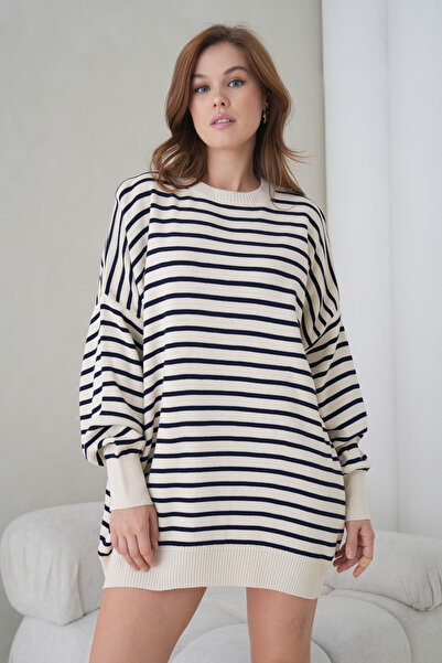 MAMAYAGA Women's Long Sleeve Crew Neck Tunic Oversized Striped Oversized Stylish Winter Knitwear Sweater Dress