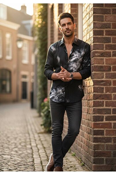 YusGos Long Sleeve Cotton Easy Iron Smoke Pattern Regular Fit Premium Men's Shirt