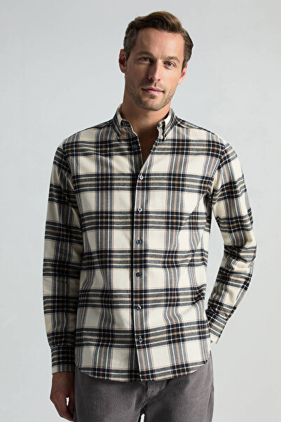 Hemington Pamuk Kaşmir Karışım Ekose Desen Beyaz-Lacivert Gömlek