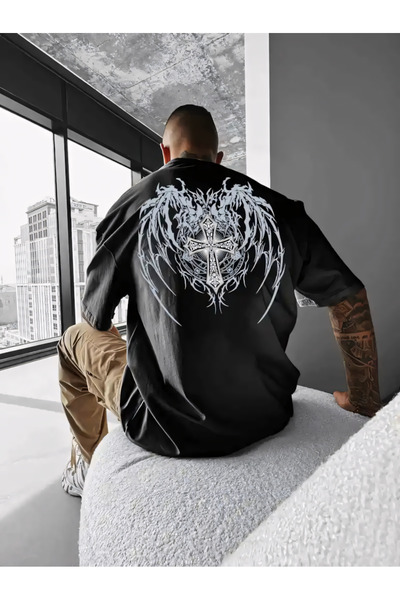 Printiva Unisex Oversize T-SHIRT με στάμπα CROSS WING, βαμβακερό, με κοντό μα...