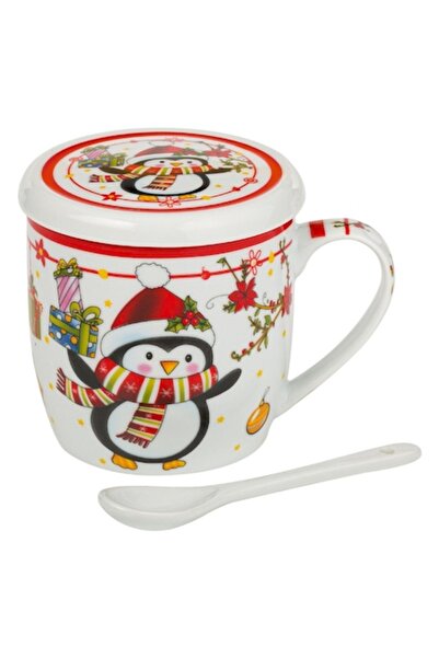 OEM Set de căni ceramice de Crăciun cu pinguin, capac și lingură, 350 ml, alb...