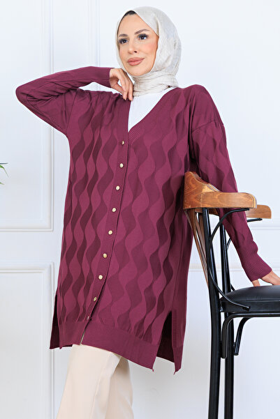 benguen Patterned Long Mercerized Cardigan N3239 Plum