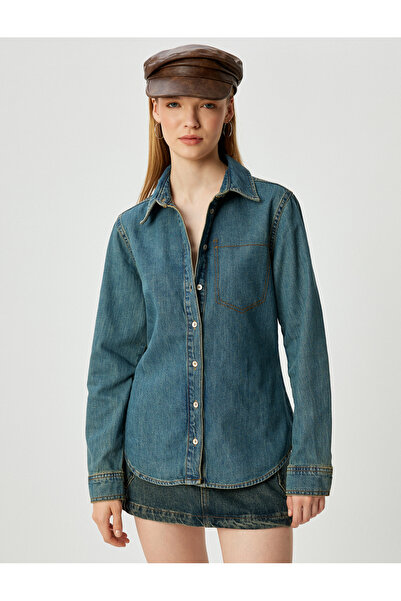 Koton Cămașă din denim cu buzunar, guler clasic, cu nasturi