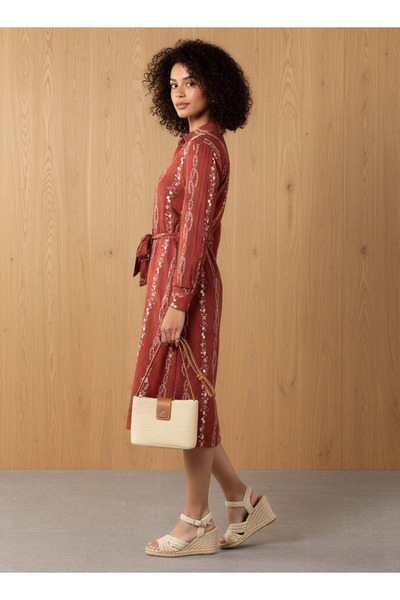 FAV Knee Length Shirt Belted Dress with Floral Embroidery