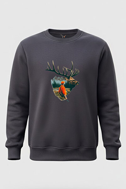 WİDİ Nature Hunting Deer and Hunter Theme Printed Wild Life Regular Fit 3Thread Sh Fleece-Lined 100% Cotton Sweatshirt