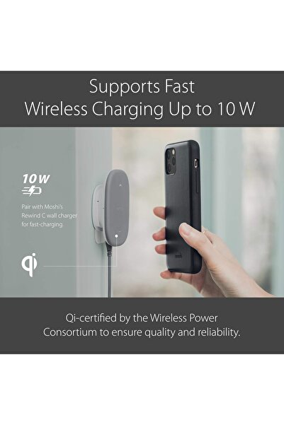 Moshi SnapTo Magnetic Fast Wireless Charger - 3M Wall Mount Kit & USB-C to USB-A 1.2m Cable, Gray