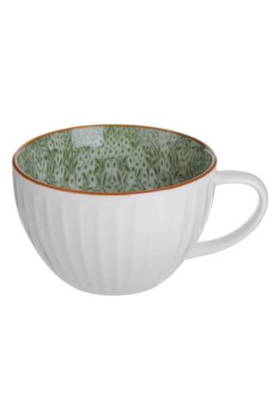 OEM Cană mare din ceramică albă cu dungi și interior floral verde, 480 ml
