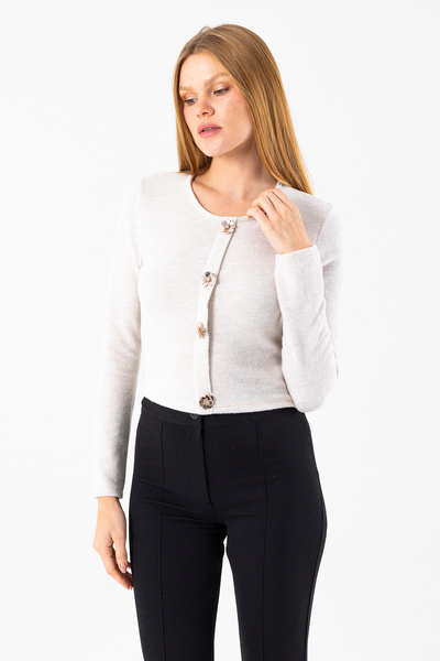 GİYSA Women's Crew Neck Sequin Button Detailed Blouse Beige - 2630