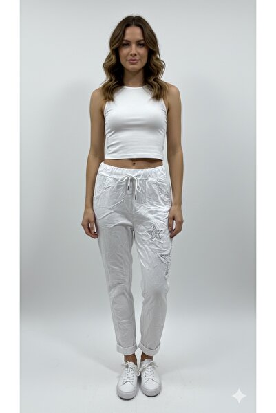 della moor Women's White Italian Star Patterned L Stretch Fabric Pants