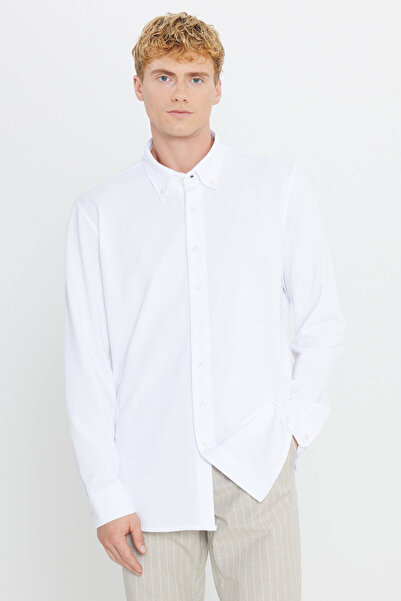 AC&Co / Altınyıldız Classics Ανδρικό πλεκτό πουκάμισο με γιακά με κουμπιά, λευκό βαμβακερό, εφαρμοστό