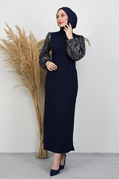 GİYZAMİLA Sleeve Detail Gülşah Dress Navy Blue