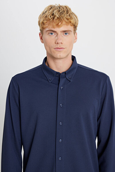 AC&Co / Altınyıldız Classics Men's Navy Blue Cotton Tailored Slim Fit Slim Fit Button down Collar Knitted Shirt