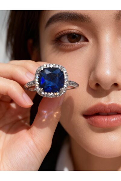 COCOSH TAKI Lacivert kare baget taşlı gümüş renk zirkon detaylı ayarlanabilir yüzük