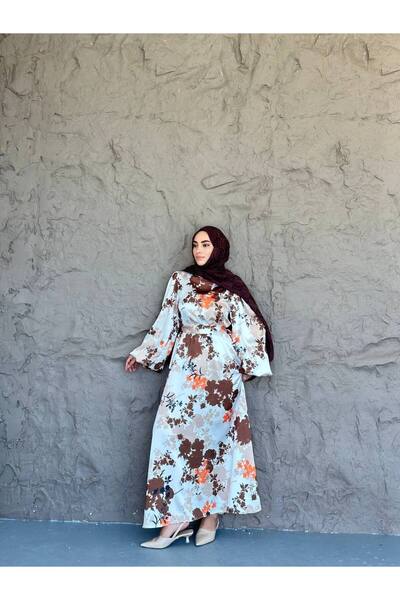 She Olive Balloon Sleeve Satin Modest Dress