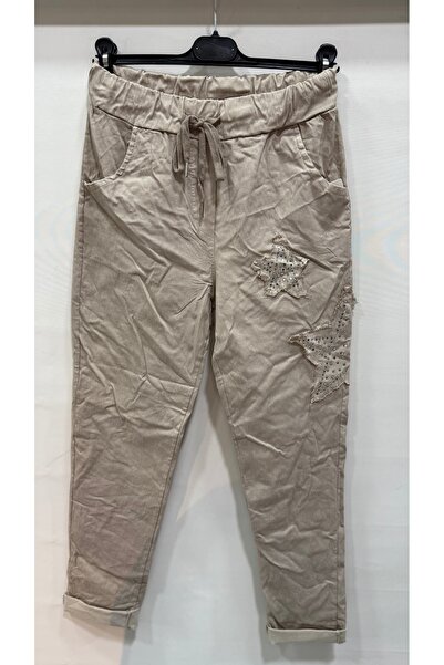 della moor Γυναικείο παντελόνι με μπεζ ιταλικό σχέδιο αστεριών L ελαστικό ύφασμα