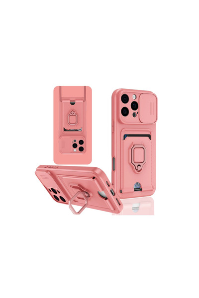 FREEDOM STOREE حافظة آيفون 16 برو من السيليكون مع حامل بطاقات وحلقة - وردي