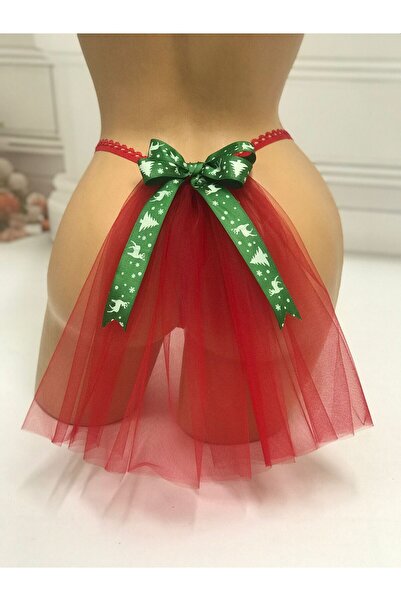 MadyaButik Christmas Gift, New Year, Red Velvet Back with Tulle Green Bow Detail String, Thong Model