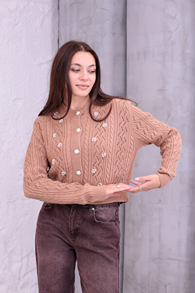 Knitoryx Women's Pearl and Embroidery Detailed 2-Piece Knitted Set |   Cardigan & Tank Top Crop Knitwear Blouse Set |   Women's Trend Kombn