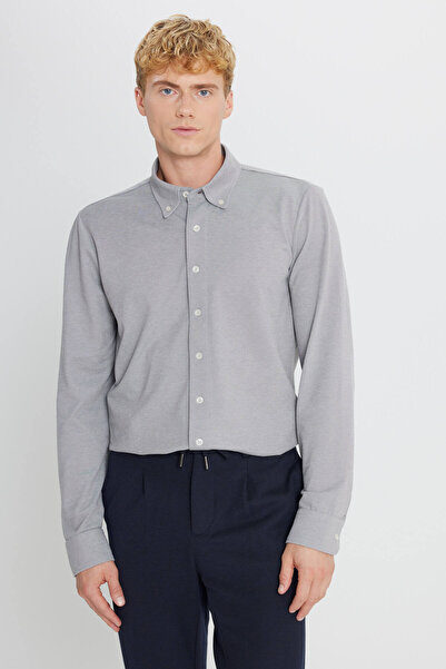 AC&Co / Altınyıldız Classics Men's Gray Cotton Tailored Slim Fit Slim Fit Button Collar Knitted Shirt
