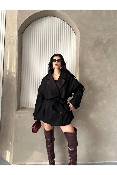 Ekim Store Kaşe Kruvaze Düğmeli Kuşaklı Trençkot