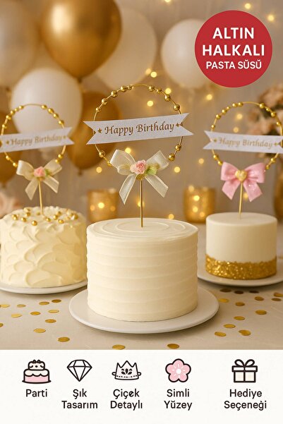 TOYFEST Altın Halkalı Happy Birthday Pasta Süsü – Gümüş Simli & Çiçekli Fiyonklu Doğum Günü Dekoru