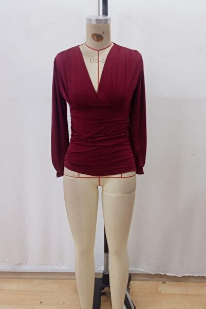 Mossta Deep V Neck Gathered Sandy Blouse - Burgundy
