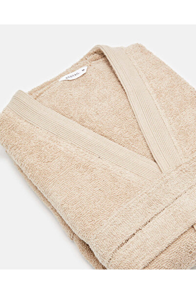 REDTAG Beige Essence Kimono Bathrobe With Ribbed Border