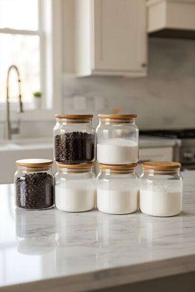 ZURİ DESİGN 6-Piece Glass Jar Set 575 Cc – Vacuum Bamboo Jar