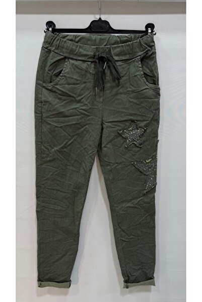 della moor Women's Khaki Italian Star Patterned L Stretch Fabric Trousers