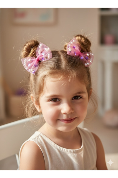 Jeevee İncili Pullu Fiyonk Tül Kız Çocuk Toka 2li Klips Toka Seti