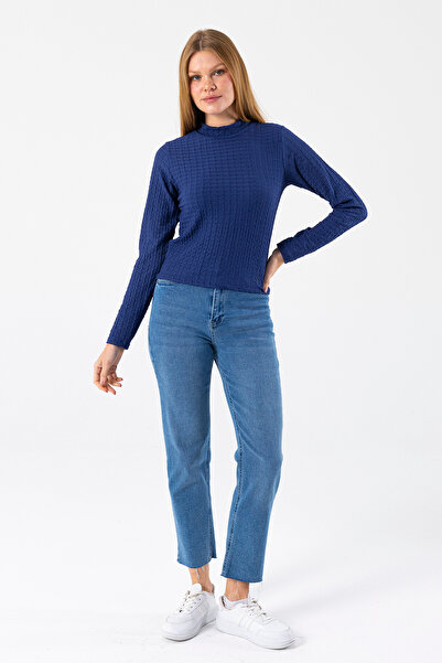 GİYSA Women's Mock Neck Long Sleeve Textured Blouse Navy Blue - 26158