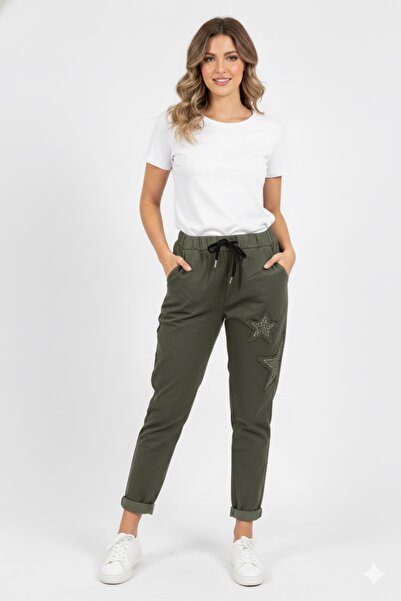 della moor Women's Khaki Italian Star Patterned L Stretch Fabric Trousers
