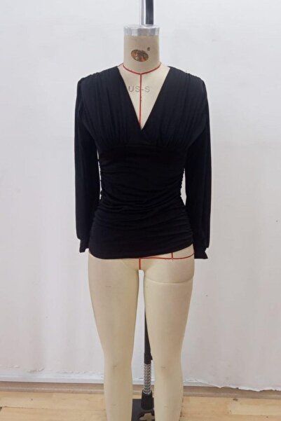 Mossta Deep V Neck Gathered Sandy Blouse - Black