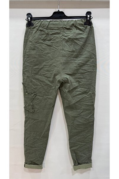 della moor Women's Khaki Italian Star Patterned L Stretch Fabric Trousers