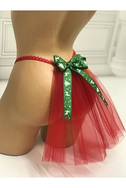 MadyaButik Christmas Gift, New Year, Red Velvet Back with Tulle Green Bow Detail String, Thong Model
