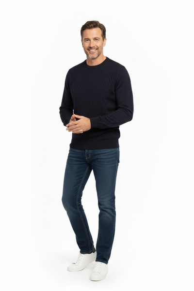 Pulltonic Erkek Bisiklet Yaka Geometrik Desenli Kazak | %70 Kaşmir