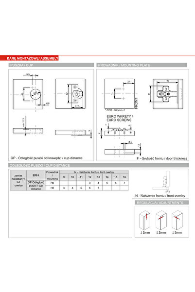 Other Furniture hinge 35mm ZP01, overlay, soft closing, wood screw
