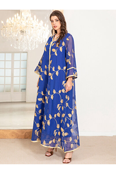 FridayIn Elegant style V-neck Jacquard Flowers Embroidery Flared sleeve Kaftan