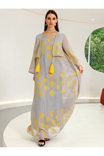 FridayIn Sweet V-neck Printing Tassel Regular sleeve Kaftan