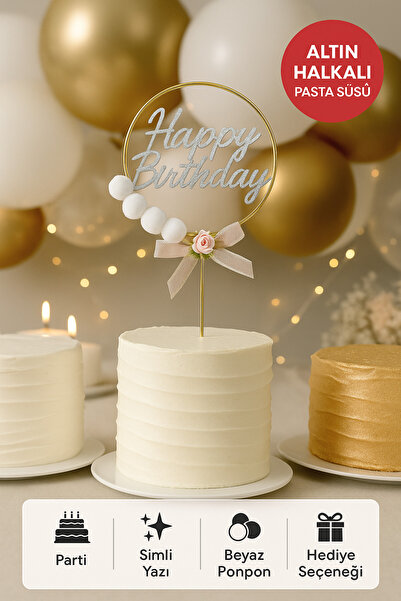 TOYFEST Altın Halkalı Simli “Happy Birthday” Pasta Süsü – Ponponlu ve Fiyonklu Doğum Günü Süsü