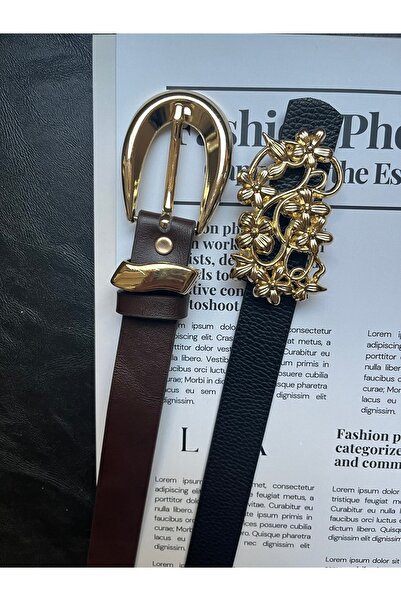 LİA KEMER Advantageous Set of 2 Daisy Patterned Gold Buckle Belts and Classic Patterned Gold Buckle Belt Set