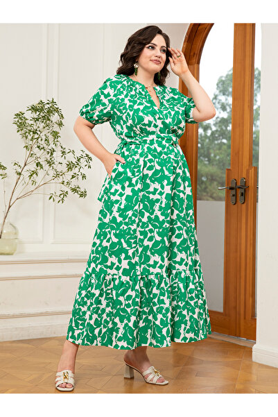 FridayIn Elegant style V-neck Flowers Color contrast Pocket Belt Puff sleeve Plus Size Dresses