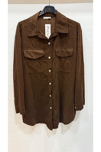 della moor Women's Kakao Italian Long Velvet O Oversized Shirt Tunic