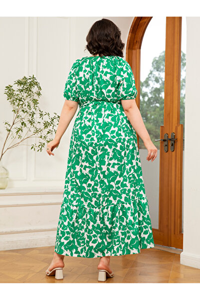 FridayIn Elegant style V-neck Flowers Color contrast Pocket Belt Puff sleeve Plus Size Dresses