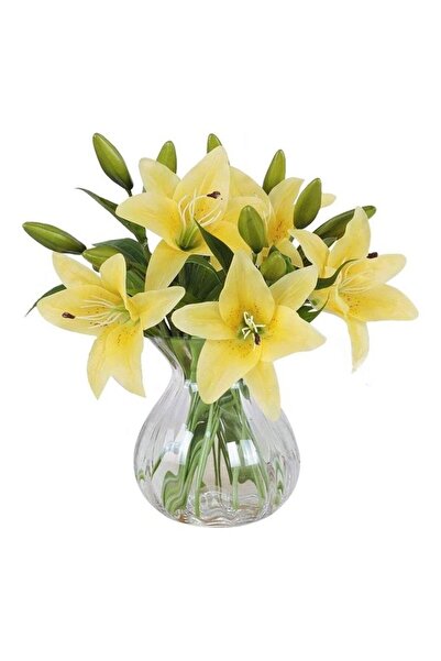 HALAMODO زنبق صناعي أصفر/أخضر بلمسة حقيقية، مكون من 5 قطع، مع إزهار كامل و3 ب...