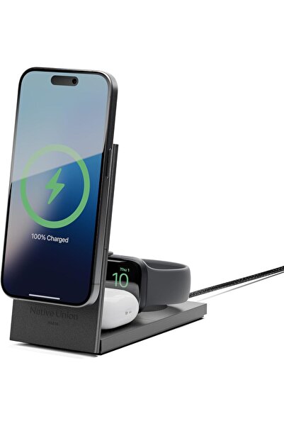 Native Union شاحن لاسلكي مغناطيسي 3 في 1 من رايز - Qi2 وMagSafe، 15 وات (أسود)