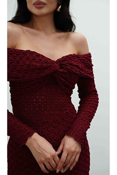 Serica Moda Bordo Madonna Yaka Transparan Detaylı Midi Elbise