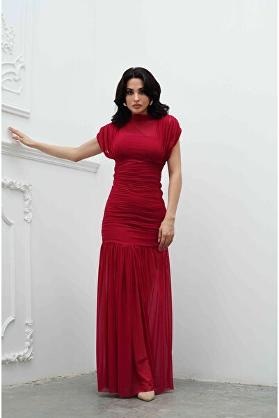 Serica Moda Fuchsia Ruched Detail Tulle Dress