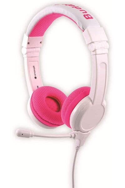 BuddyPhones سماعة رأس سكول بلس للأطفال - سماعة رأس آمنة للصوت، قابلة للطي والفصل، مزودة بميكروفون - وردي