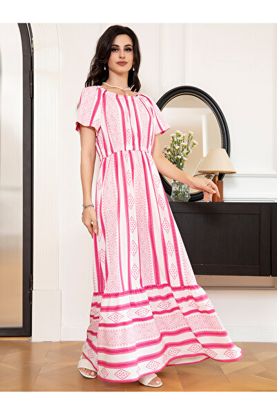FridayIn Holiday style Round neck Abstract Stripe Raglan sleeve Long Dresses